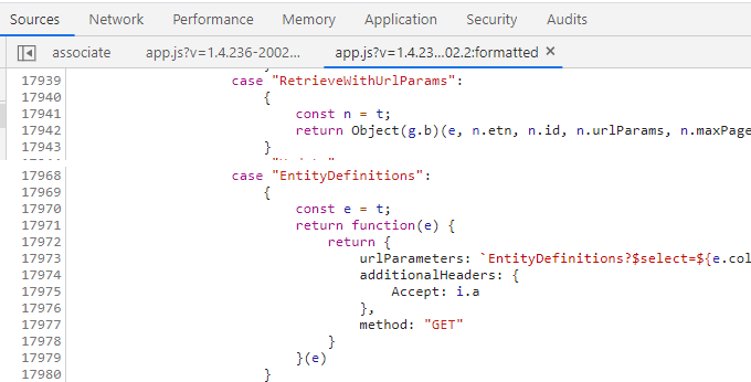 Source code showing RetriveWithUrlParams and EntityDefinitions operations