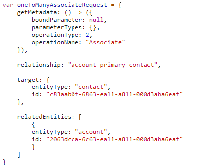 Xrm.WebApi code example showing One-to-many association