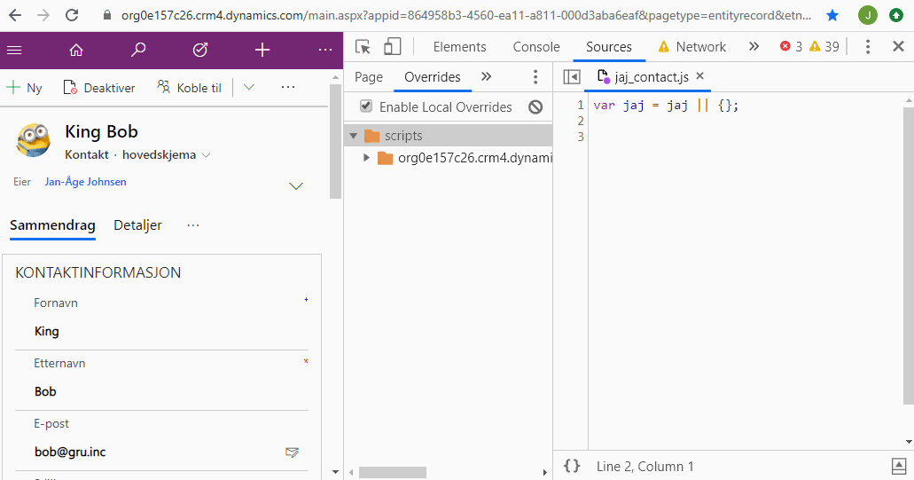 Chrome Developer Tools showing Local Overrides with a JavaScript file open for editing