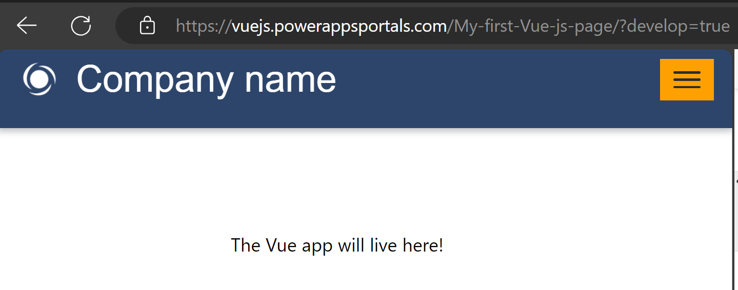 Placeholder div visible on the Power Pages page