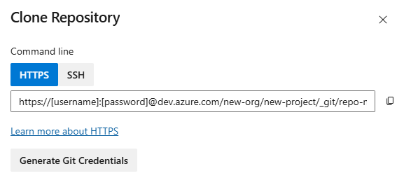 Azure DevOps Clone Repository dialog showing HTTPS command line URL and Generate Git Credentials button