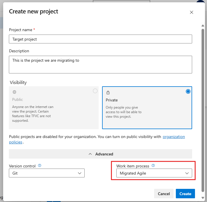 Creating a project with the new inherited process