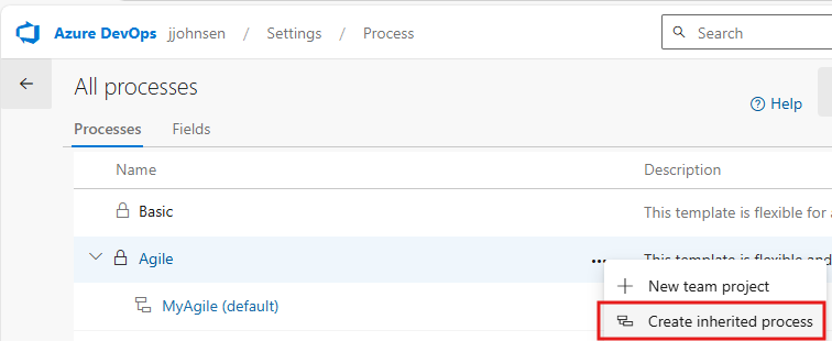 Creating a new inherited process in Azure DevOps
