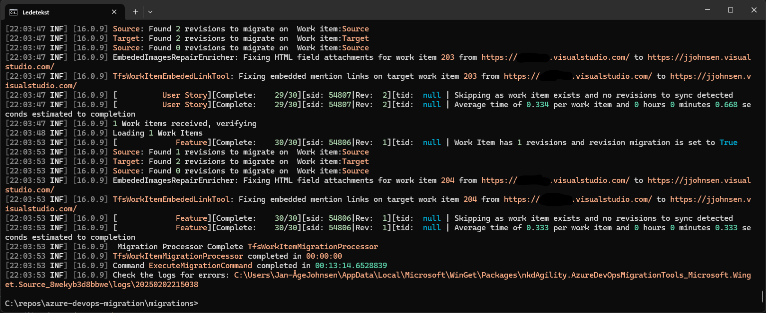 Migration execution output showing successful work item migration