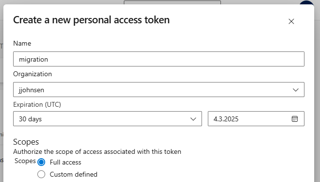 Personal Access Token settings in Azure DevOps