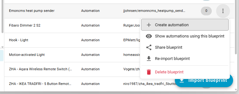 Home Assistant blueprint menu: Create automation Blueprint menu showing the Create automation action in Home Assistant