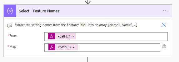 Power Automate Select action extracting feature names from the Features XML