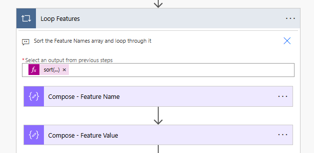 Power Automate loop iterating over sorted feature names and composing each feature's name and value