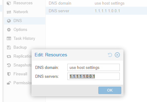 Proxmox LXC DNS settings configured with Cloudflare DNS servers 1.1.1.1 and 1.0.0.1